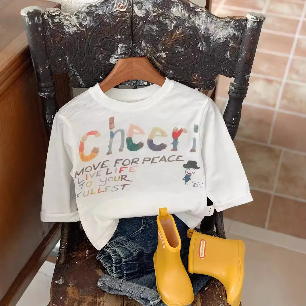 Children's T-shirt 2025 Digital Printing Spring New Product Boys and Girls Letter Graffiti Round Neck Base Shirt