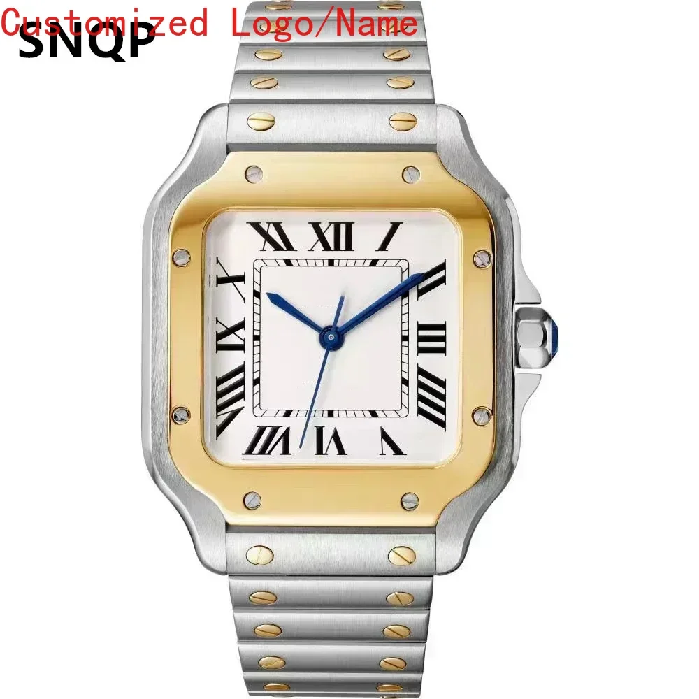 للجنسين أسود أبيض الروماني التلقائي الميكانيكية الرجال النساء ووتش الذهب الحافة الفولاذ المقاوم للصدأ الجلود الفرقة حسب الطلب