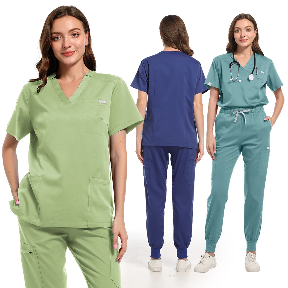 Multicolour Jogger Suits Doctor Nursing Uniforms Short Sleeve V-neck Tops Pocket Pants Nurse Scrubs Set Medical Clinical Clothes