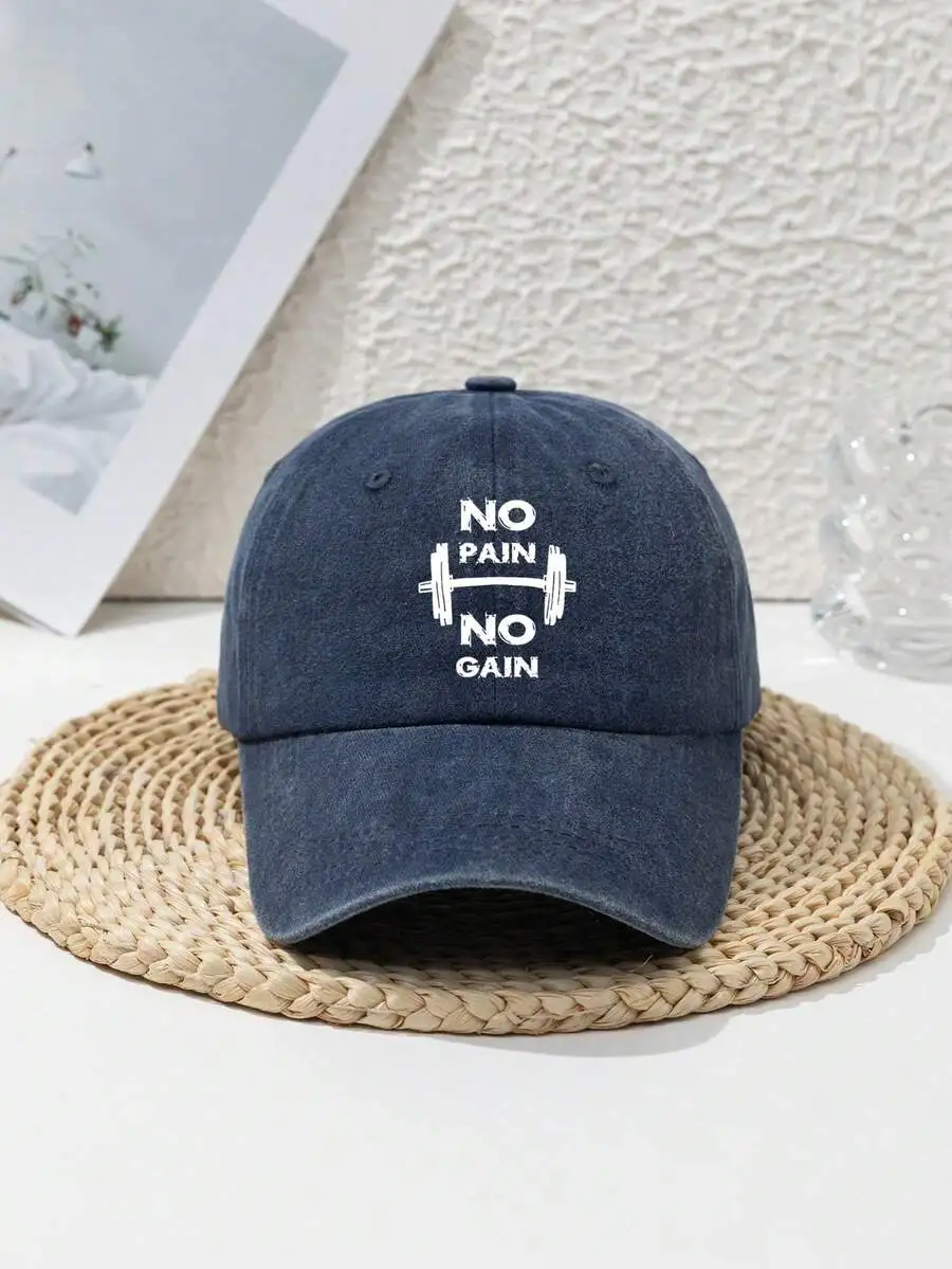 

No Pain No Gain Barbell Graphic Distressed Baseball Cap Adjustable Polyester Casual Outdoor Sport Hat