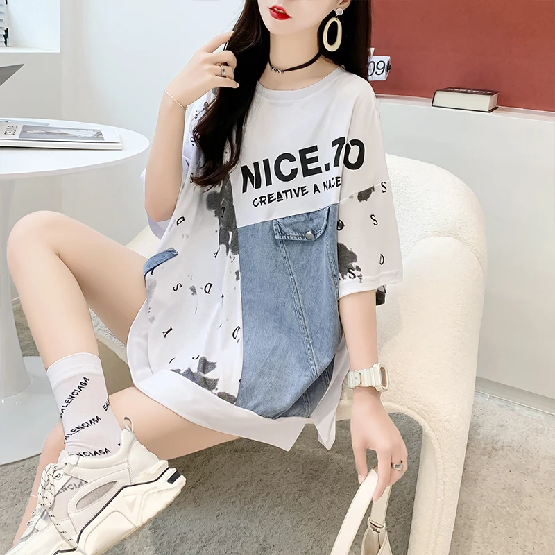 Denim Stitching T Shirts Women Design Sense Fashion Mid-length T-shirt Summer Trendy Casual Loose Oversized Short Sleeve Tshirt