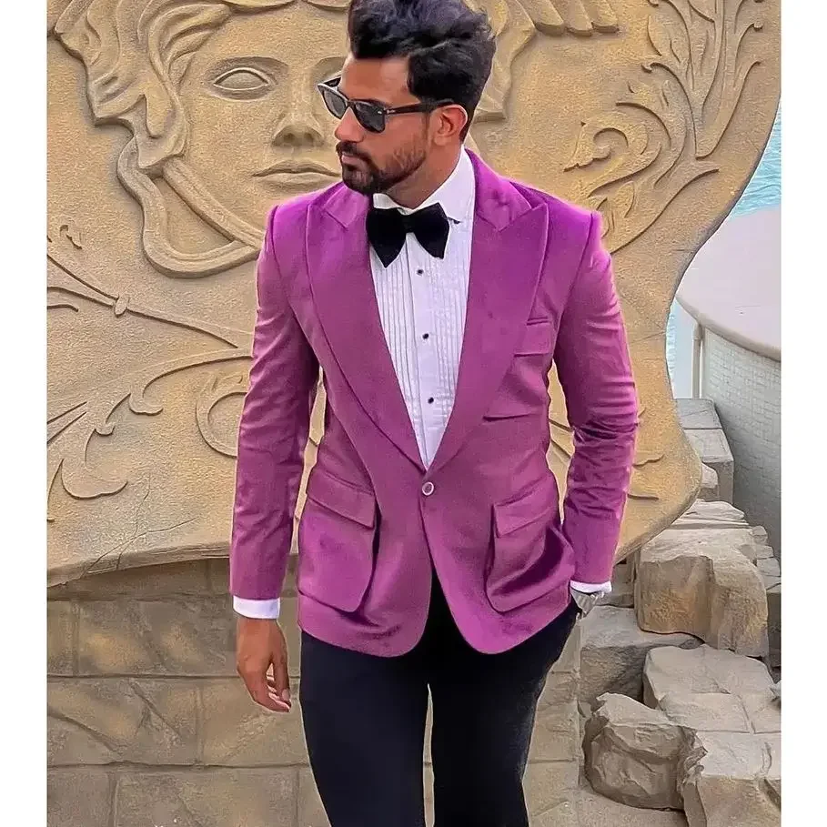 Men Suits Two Pieces Pink Blazer+Black Pants One Button Wide Lapel Slim Celebrity Wedding Formal Work Causal Tailored Set