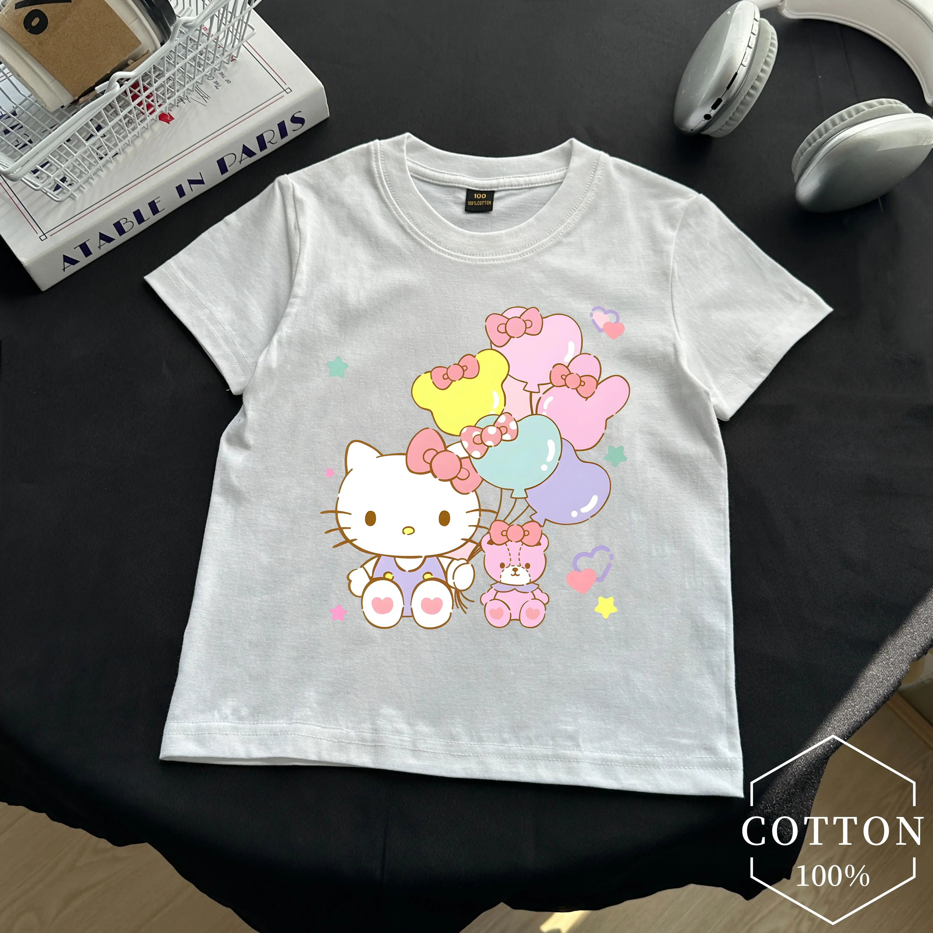 

Hello Kitty Balloon Children pure cotton T-shirt Y2k Kawaii Sanrio Kuromi Melody Anime T Shirts Cartoons Kid Girl Boy Clothes