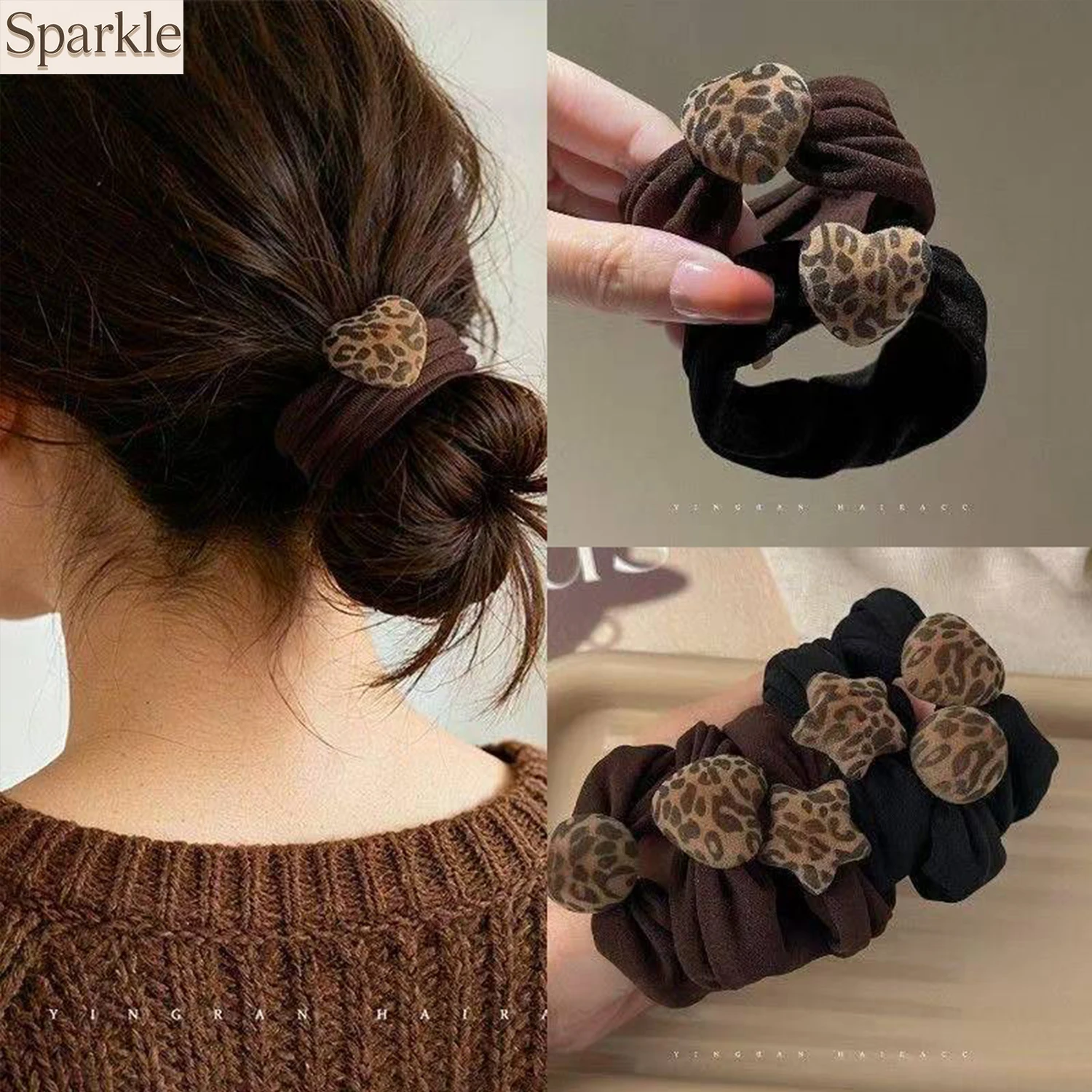 6Pcs Korean Style Leopard Print Hair Scrunchies Elastic Hair Bands with Heart Star round Decor for Women Retro Coffee Black Pony