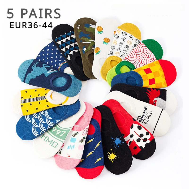 5 Pairs Invisible No Show Socks Women Men Summer Cotton Slipper Funny Socks Non-slip  Aesthetic Couple Socks Silicone Anti-slip