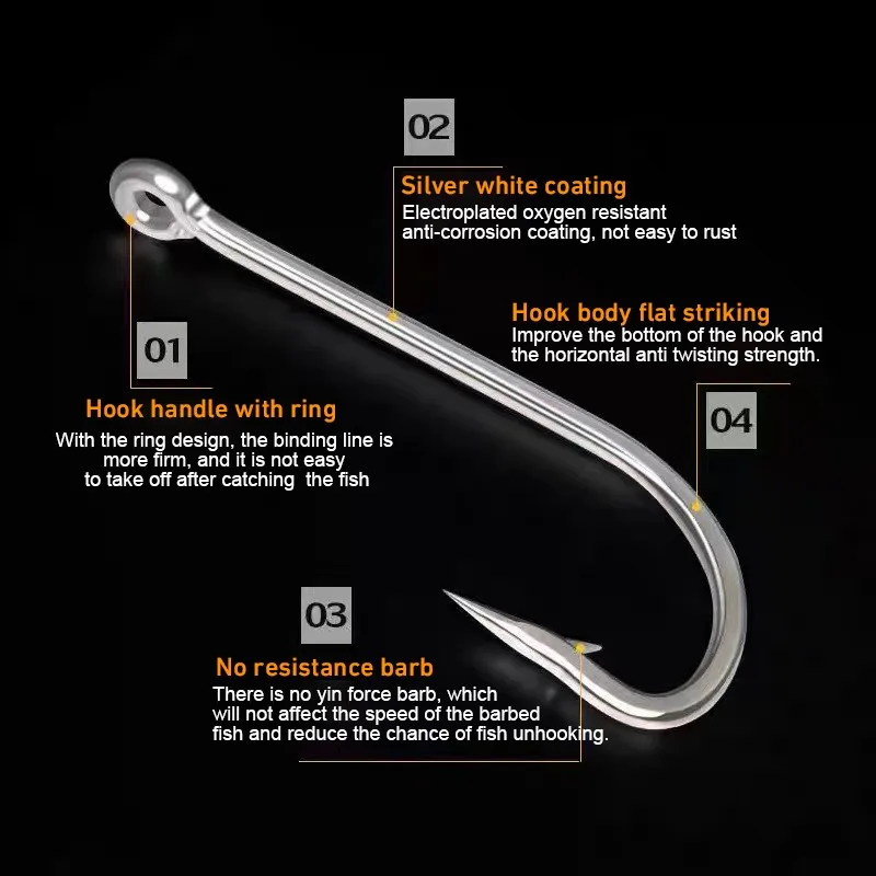 Hameçons de pêche à longue tige avec œillet, gabarit en acier au carbone, crochets barbelé pointus, pêche en eau salée, carpe, outil, 50 pièces