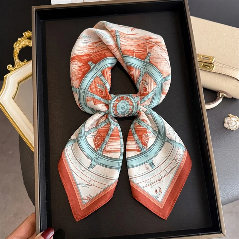 

Vintage Silk Square Scarf Soft Sun Block Hijab Retro Nautical Bandana Summer Beach Outing Hair Tie Neck Wrap Bag Accessory