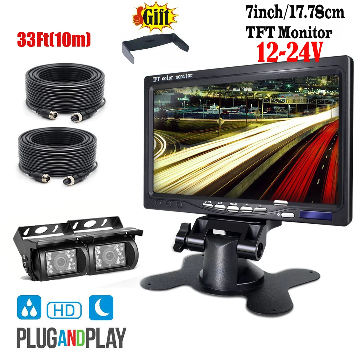 

7" Monitor Truck Bus Van Rear View Kit With 2 X Car 18 LEDS IR Night Vision Reversing Camera Waterproof + 2 X 10M 4-Pin Cable