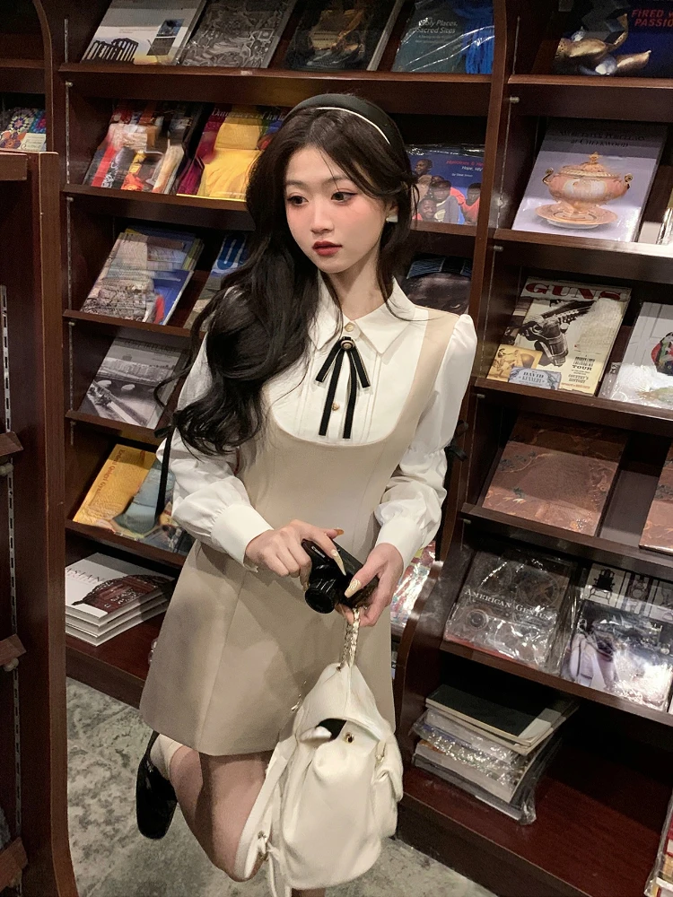 2023 Spring Fake Two Dress Sweet Woman Elegant Korean Fashion Y2k Mini Dress Long Sleeve Vintage Short Party Dress Casual Bow