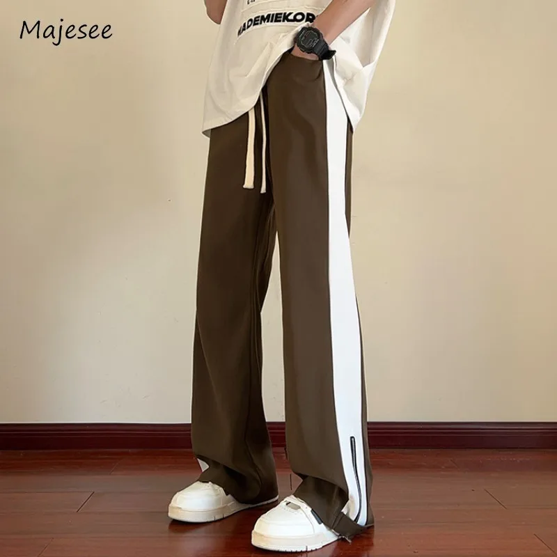 

Straight Pants Men Side-striped Simple Teenagers American Preppy Style Retro High Street Hip Hop Mid Waist Panelled All-match