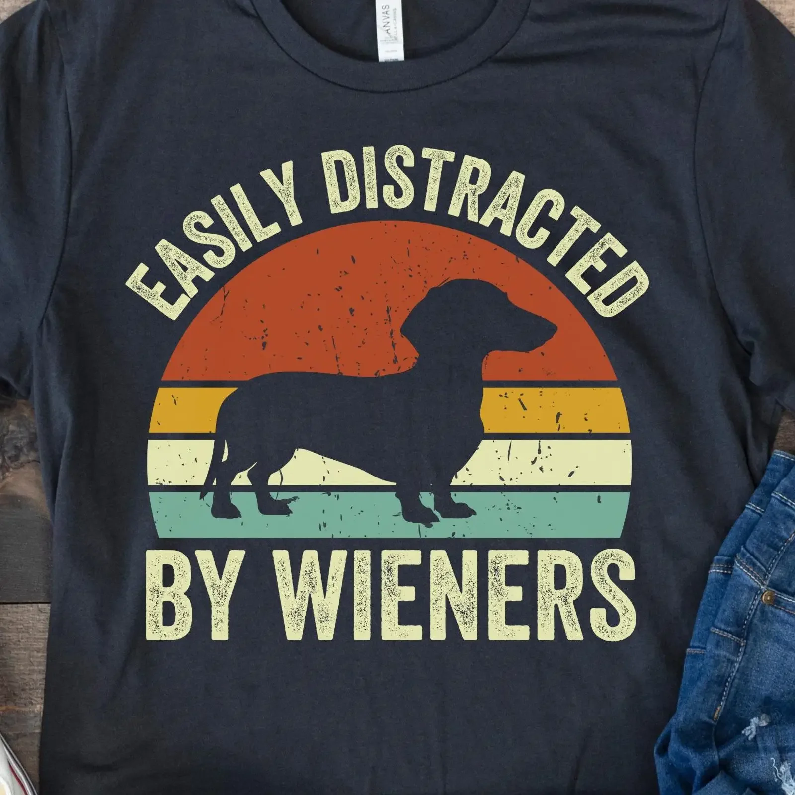 Dachshund T Shirt Funny Wiener Dog Retro Lover Easily Distracted by Wieners vintage Washed fashion Stylish graphic Soft homme