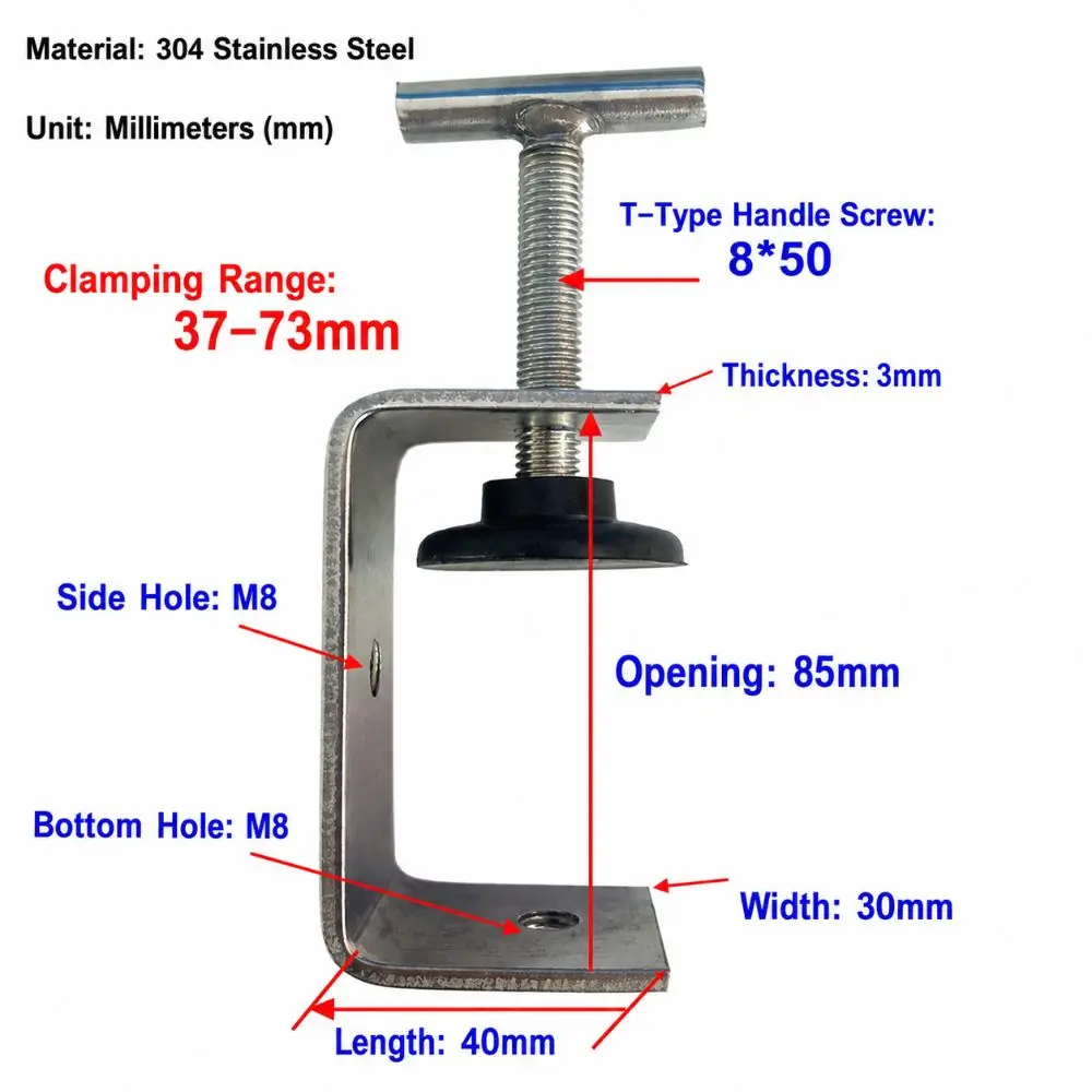 304 Stainless Steel C-clamp T-shaped Head Rubber Pad Square Clamp Adjustable Hand-Tightening Woodworking Fixing Clips