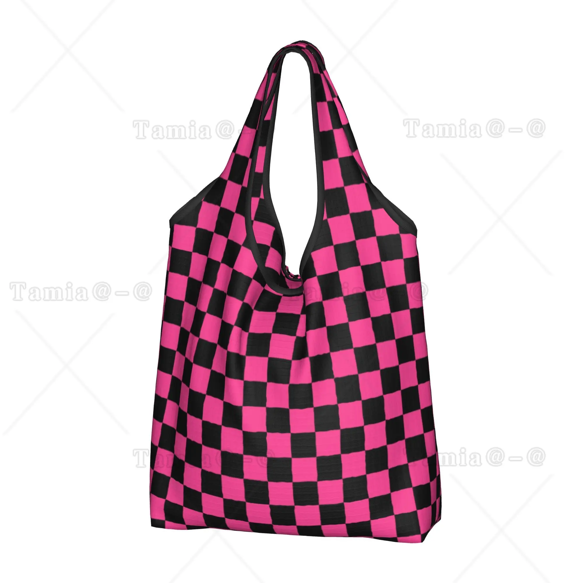 Reusable Black and Pink Checkerboard Pattern Shopping Bag Women Tote Bag Portable Tartan Plaid Groceries Shopper Bags