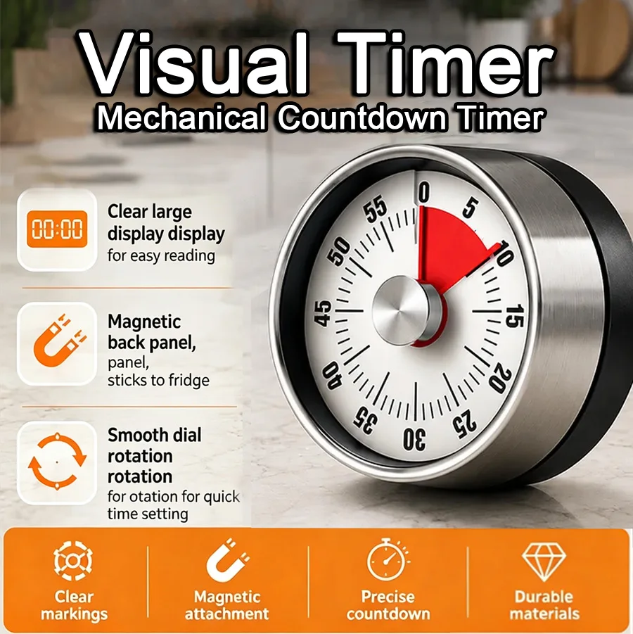 Countdown Reminder Magnetic Mechanical Visual Timers Classroom Baking Clock for Teaching Meeting Kitchen Cooking Baking Working