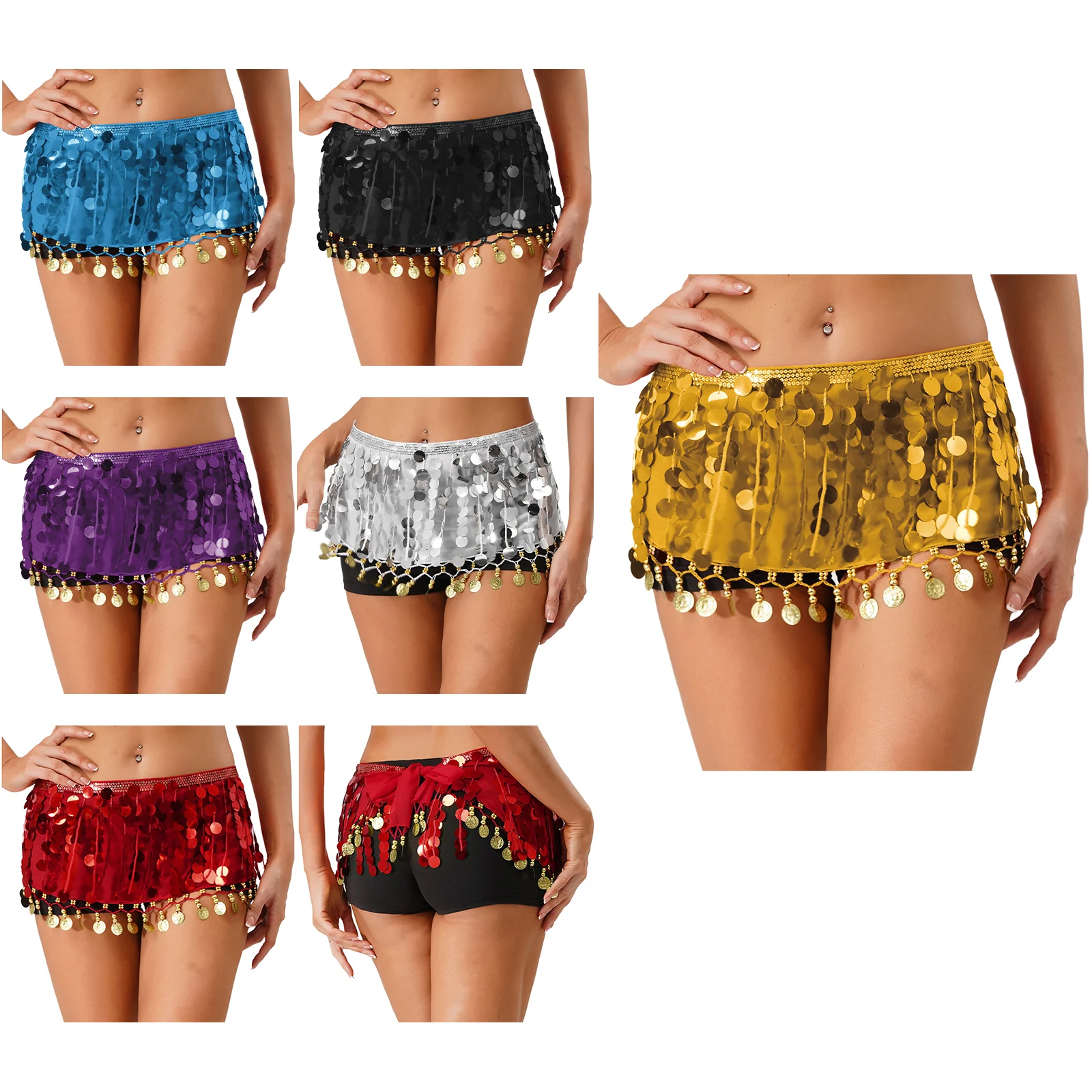 Donna Nappe Paillettes Danza del ventre Sciarpa dell'anca Lace-up Vita avvolgente Gonne Festival musicale India Danza Latino Cha-cha Tango Costume