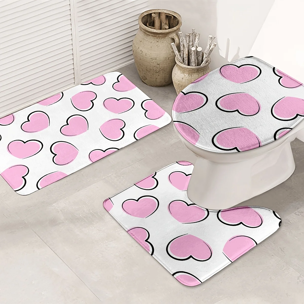 

Декор для ванной комнаты с принтом сердца из 3 предметов, полиэфирная ткань, можно стирать в машине, U-образный коврик, нескользящий коврик, чехол на сиденье унитаза