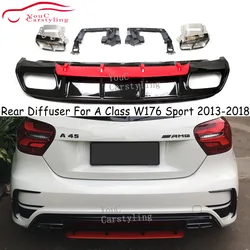 W176 Rear Bumper Diffuser with Red Lip & 4-outlet Exhaust Tips 304 Stainless Steel For Mercedes W176 A45 AMG Package 2013 -2018