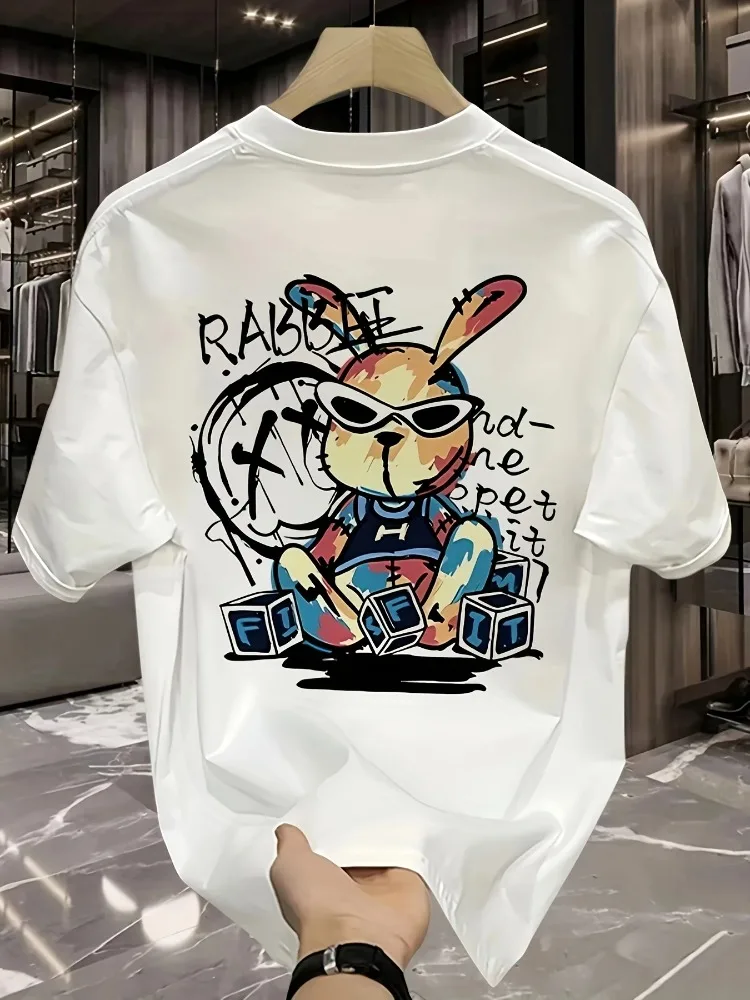 

Women's Summer Fashion Casual Loose Black Rabbit Cartoon Pattern Printed Round Neck Short-Sleeve T-Shirt Casual Top