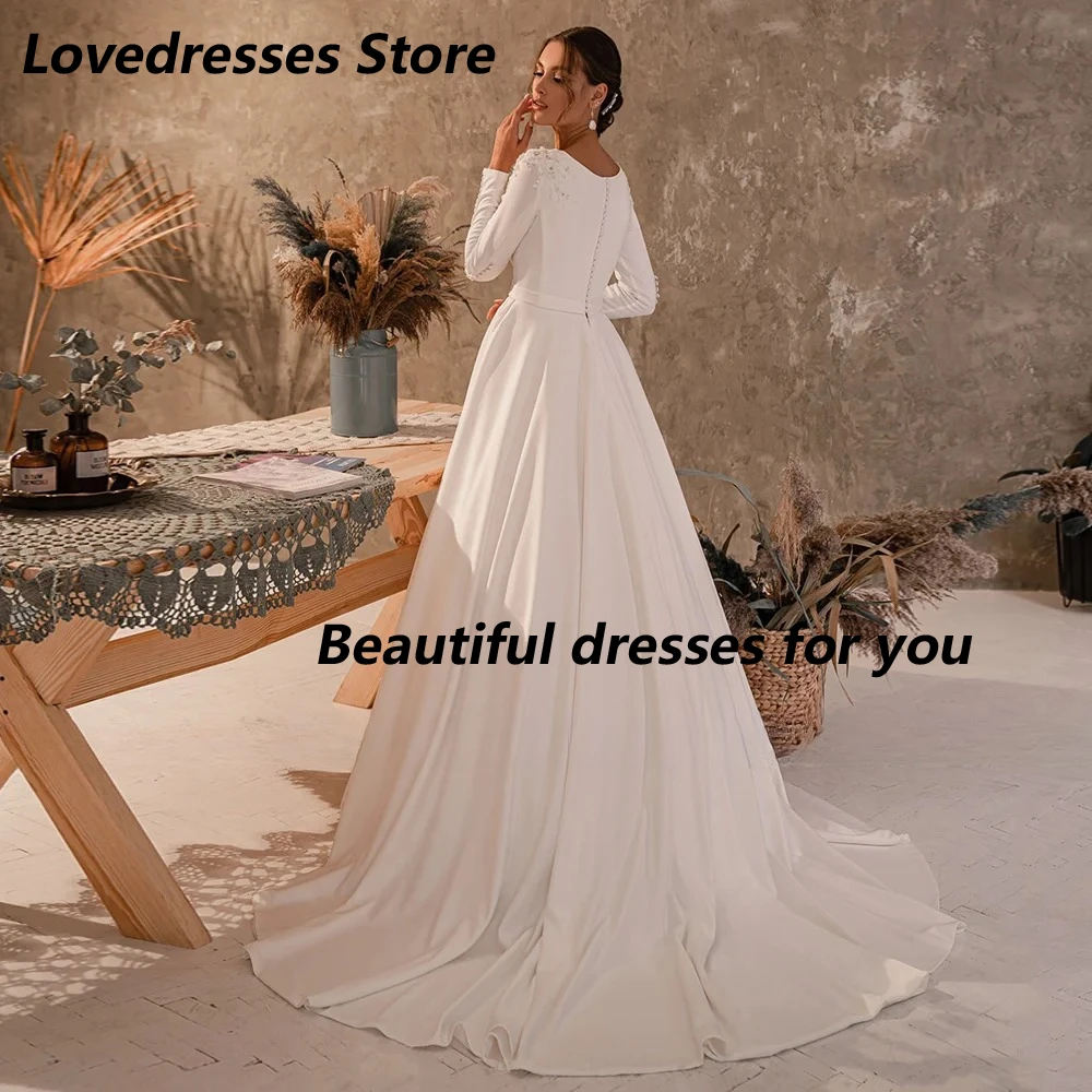 Round Neck Long Sleeves Wedding Dress Customized Elegant Beading Pearls Buttons A Line Sweep Train Vestidos De Novia Bride Gown