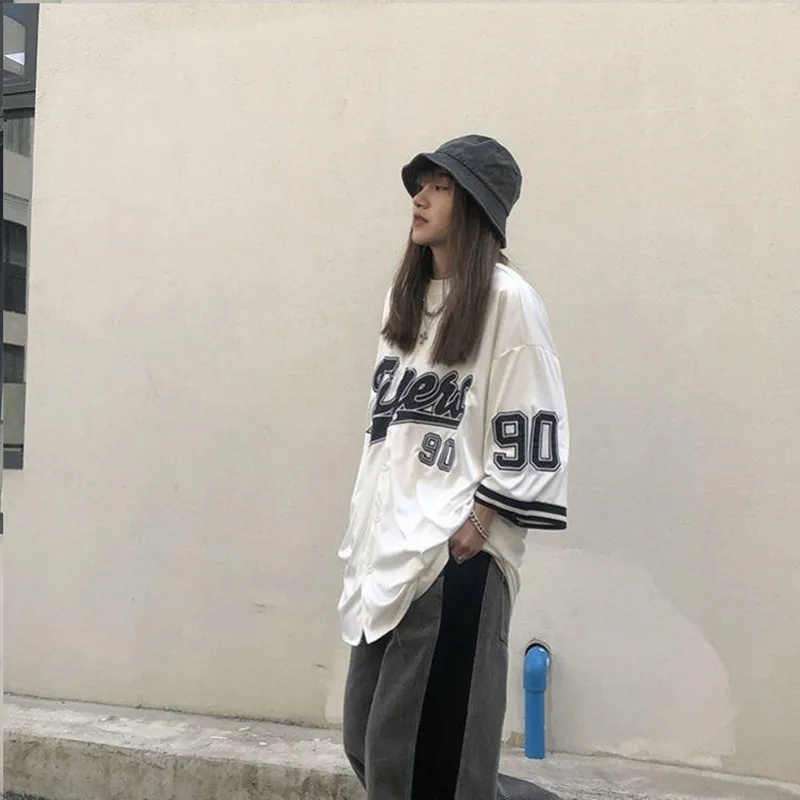 STSVZORR Street Vintage Baseball Cardigan Couple Short Sleeve T-shirt Versatile Loose Letter Embroidery Top