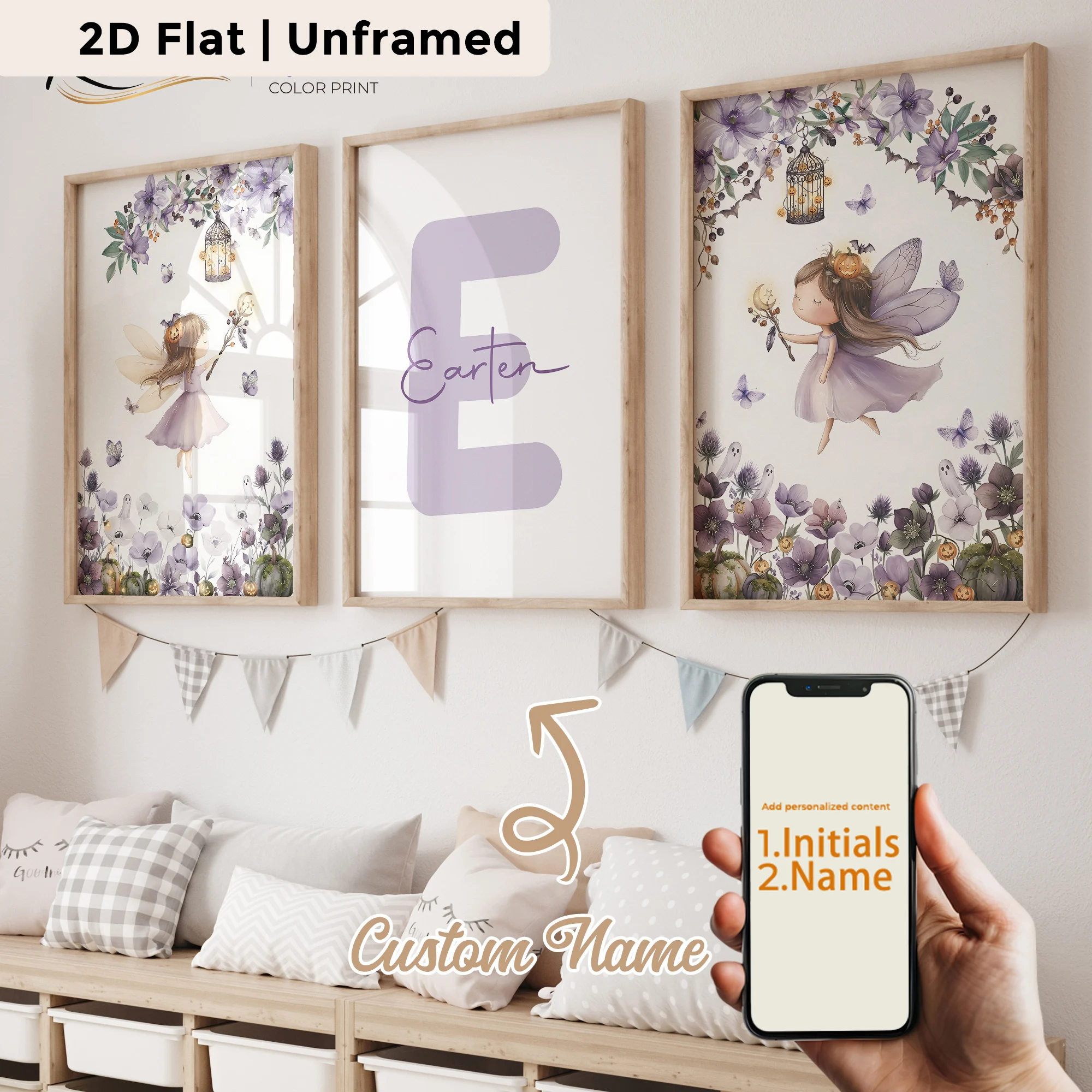 3pcs Personalized Custom Name Purple Flower Fairy Night Wall Art Print Picture Canvas Poster Painting For Living Room Home Decor