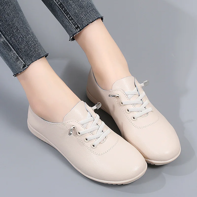 WOIZGIC Female Ladies Women\'s Genuine Leather Flats White Shoes Loafers Soft Moccasins Lace Up Comfortable Footwear