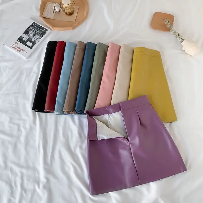 Solid Zipper Wrap Hip Leather Skirt Autumn Winter New Korean High Waist Mini Skirt Female Chic Sexy Club A-line Pu Skirts Women