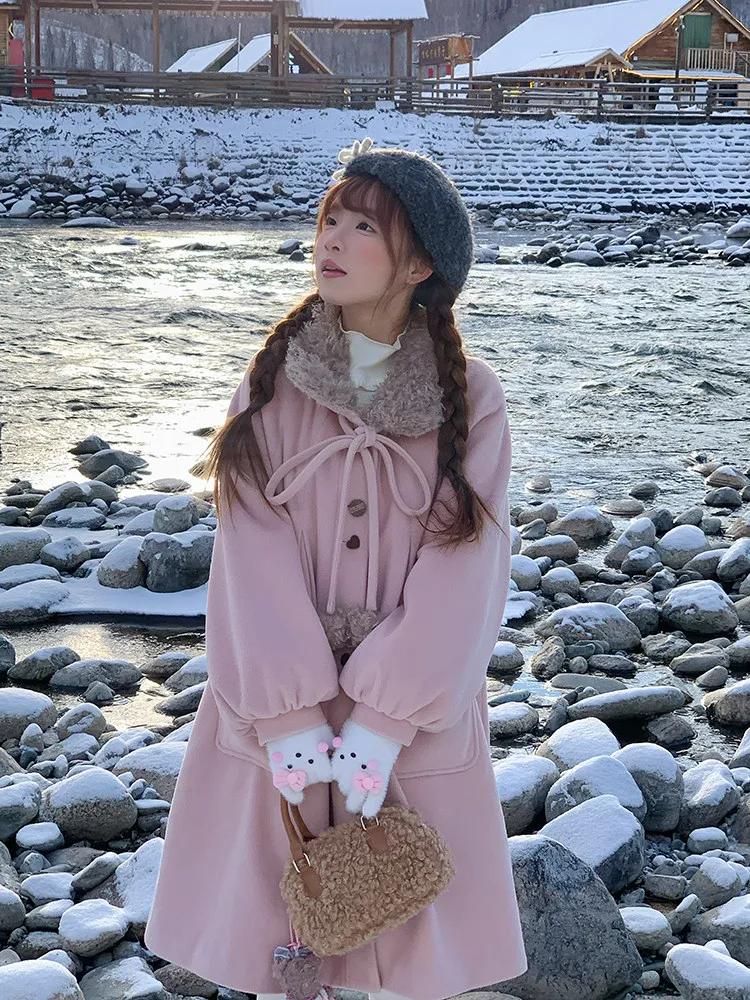 Estilo japonés elegante dulce rosa con cordones cuello de lazo abrigo de lana de un solo pecho suelto versátil acolchado chaquetas largas mujer invierno