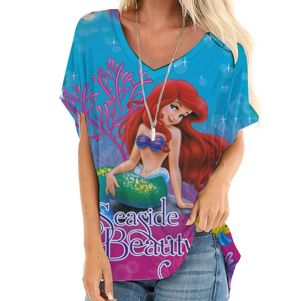 تي شيرت نسائي أنماط أميرات ديزني ملابس علوية على شكل حرف V ملابس نسائية عتيقة جماليات تي شيرت فضفاض كبير الحجم مضحك T Sh