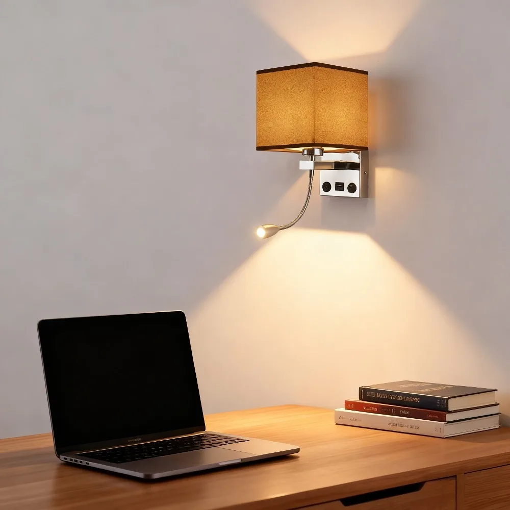 JOYINLED Modern LED Wall Lamp with Switch USB Charging Reading Light Fabric Retro Sconce Study Bedroom Hotel Bedside Lighting