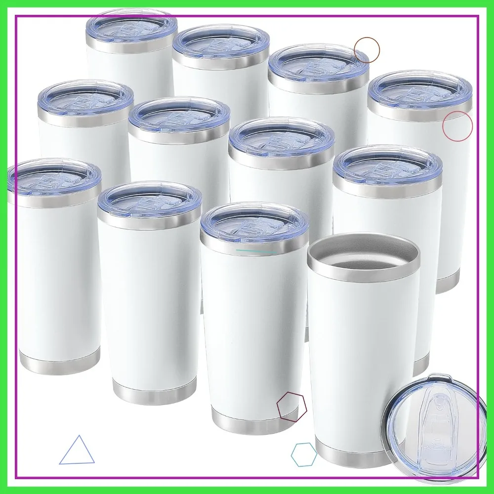 

20oz Stainless Steel Tumbler Set, 12pc with Lid & Straw, Double Wall Vacuum Insulated for Hot/Cold Drinks, White Powder Coated