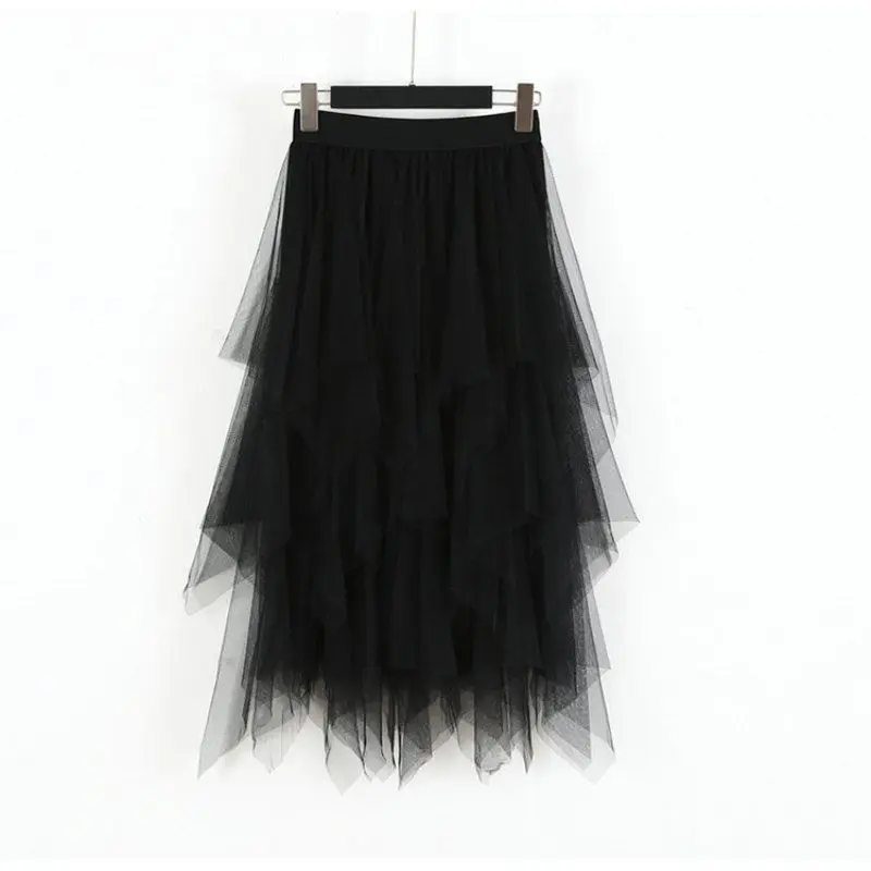 

Women High Waist Ruffles Mesh Long Tulle Skirt Irregular Hem Mesh Tutu Skirt Lady Elegant Solid Party Gown Skirt