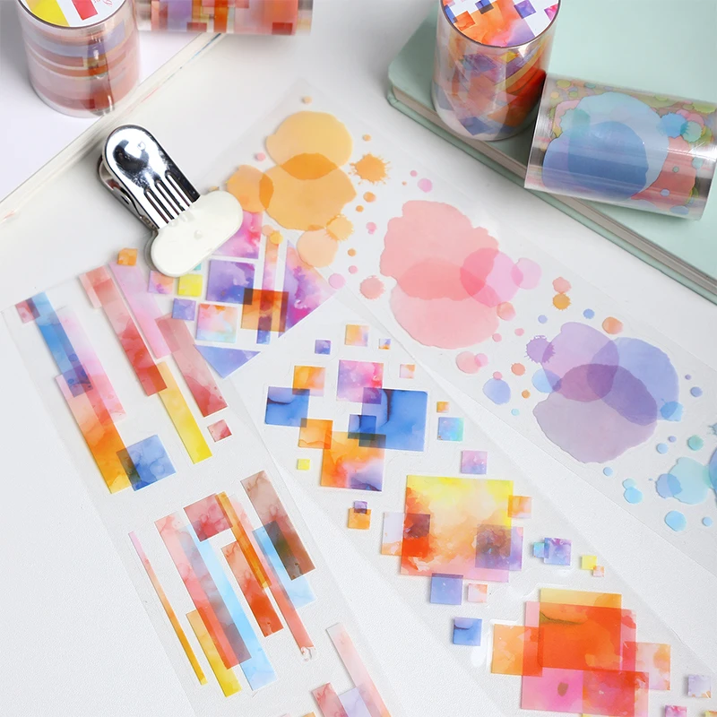 Journal GO 6x200cm Watercolor Dots PET Masking Tape Color Ink Painting Scrapbooking Journal Aesthetic Stationery Tape Sticker