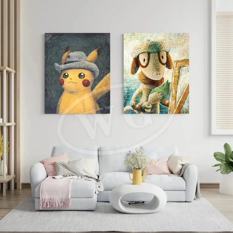 Van Gogh Museum Pokemon Anime Figures Pikachu Watercolor Painting Canvas Posters and Prints Wall Art Picture for Christmas Gifts