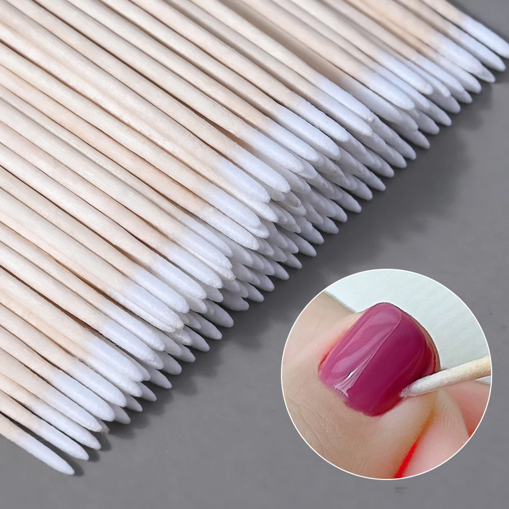 100Pcs/Bag Nails Wood Swab Clean Sticks Bud Tip Wooden Cotton Head Manicure Detail Corrector Nail Polish Remover Art Tool 10CM