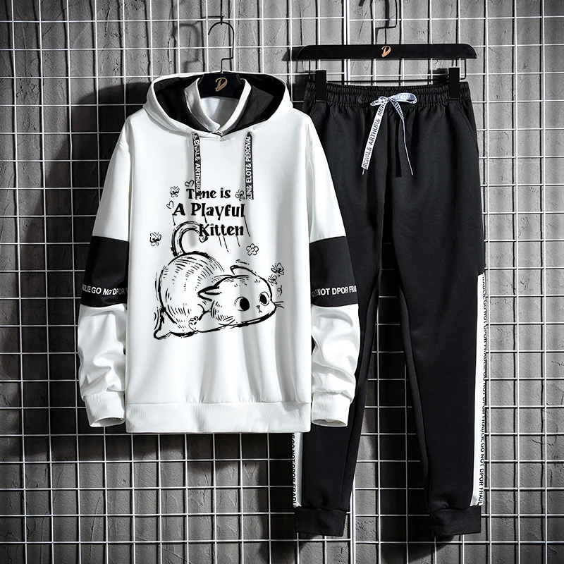 

Autumn Winter Hoodie Sweatirt Loose Men's Casual Sportswear Long Sve Two-Piece Set Comfortable Breathable Streetwear