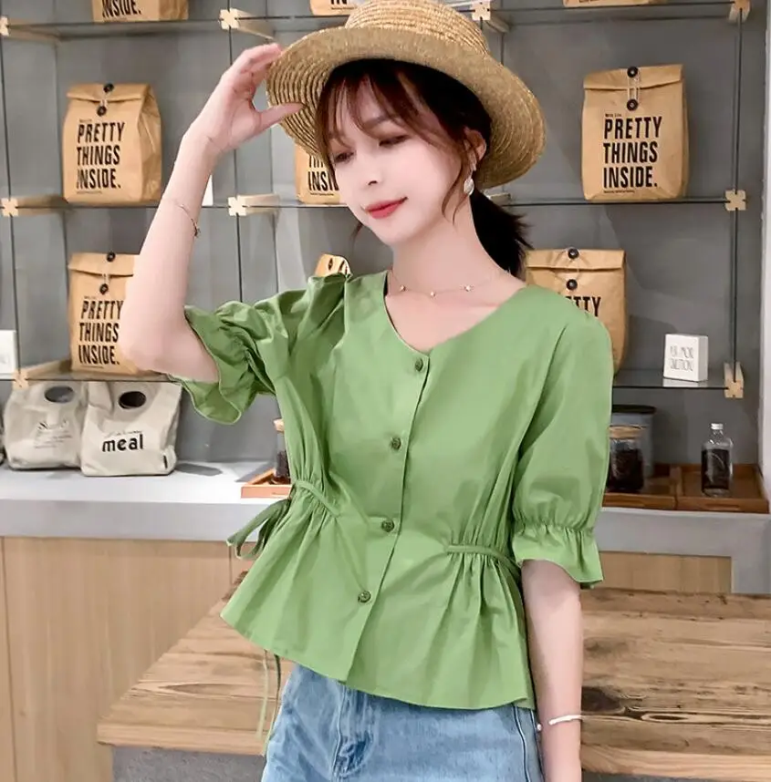 2022 New Summer Women Blouse Blusas Korean Fashion V Neck Single-breasted Slim Lacing Up Half Sleeve Shirts Tops s30