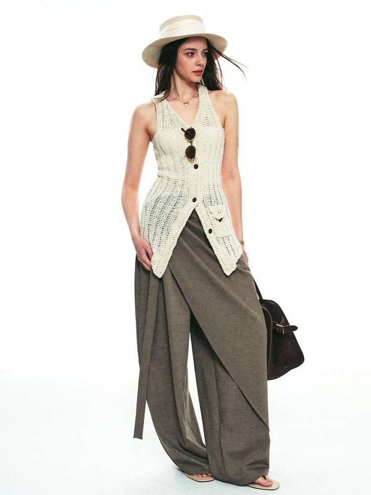 HOUZHOU Vintage Baggy Suit Pants Women Asymmetrical Japanese Style Wide Leg Trousers High Waist Casual Gothic Streetwear Pants