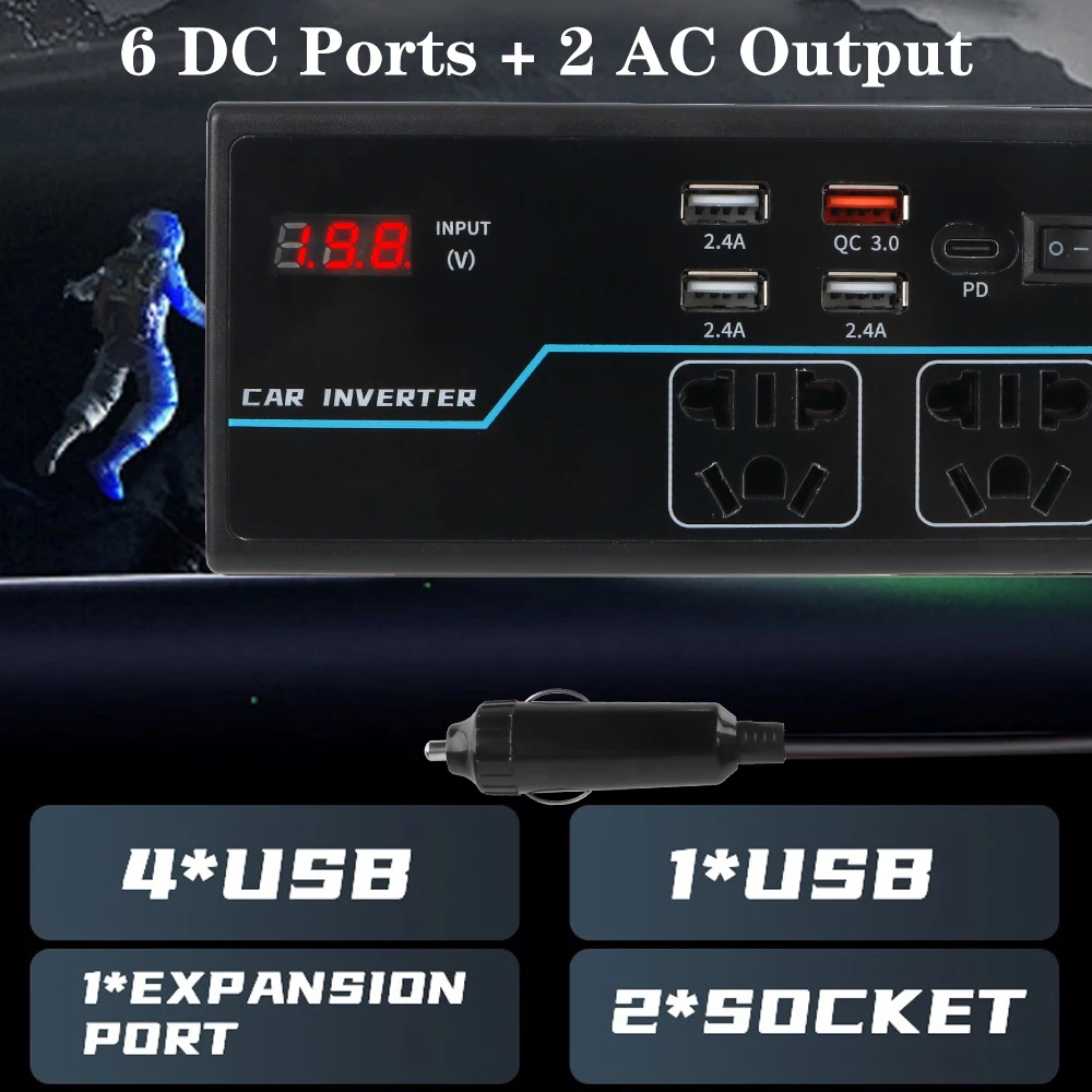 200W With Switch Voltmeter Inverter RV Accessories DC 12V/24V to AC 110V/220V 6 DC Ports 2 AC Power Socket Car Inverter 12V 24V