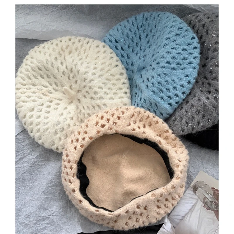 Koreanischer Stil, einfarbige, einfache Strickmütze für Damen, warme, hohle, vielseitige Malermütze für Mädchen für Herbst und Winter. – Detail 6