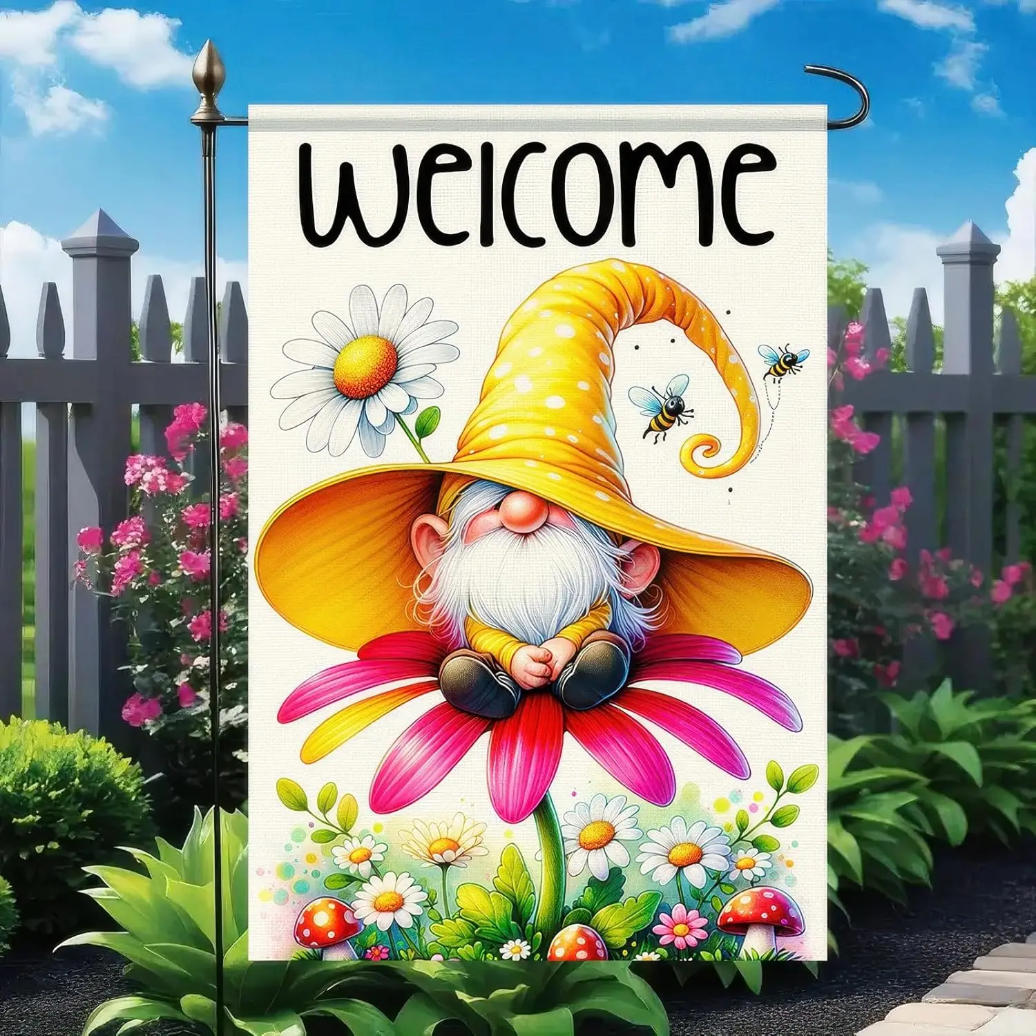 Spring Gnome Garden Flag 12x18 Double Sided Summer Bee Daisy Flowers Yard Flag Outdoor Home Decorative Daisy Floral Welcome  EEZ