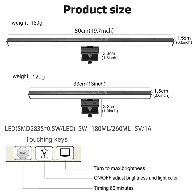 

Eye-Care Desk Lamp 50cm LED Computer PC Monitor Screen Light Bar Stepless Dimming Reading USB Powered Hanging Table Lamp