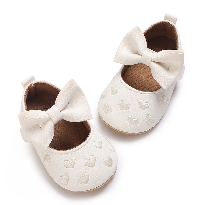 Baby Shoes Party Princess Heart Jacquard Bowknot PU Non-Slip Slippers Adorable Newborn Girls First Walkers