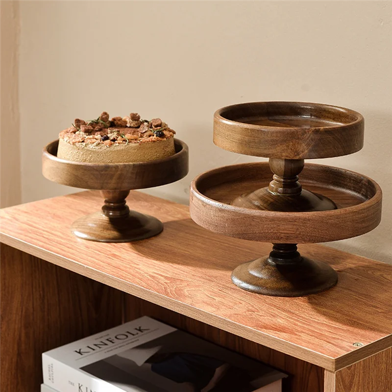 

CYCLI-Elegant High Foot Cake Stand With Glass Cover - Wood And Glass Dessert Plate, Dim Sum Dish, Bread Plate