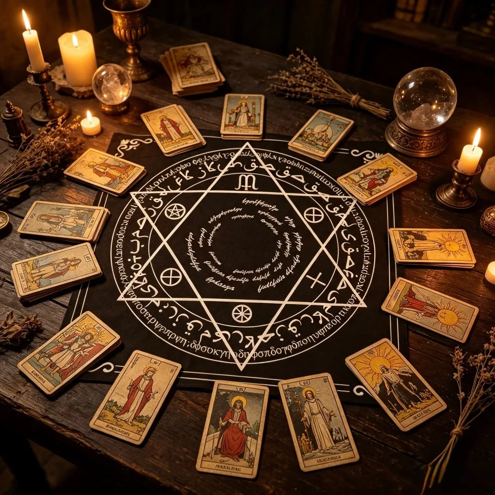 49cm Square Tarot Table Cloth, Black Hexagon Pattern Card Play Mat, Vintage Decor Pad for Board Game Cards