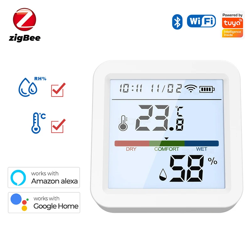 

Датчик температуры и влажности Tuya WiFi/Zigbee для умного дома с подсветкой, гигрометр, термометр, датчик мониторинга, поддержка Alexa