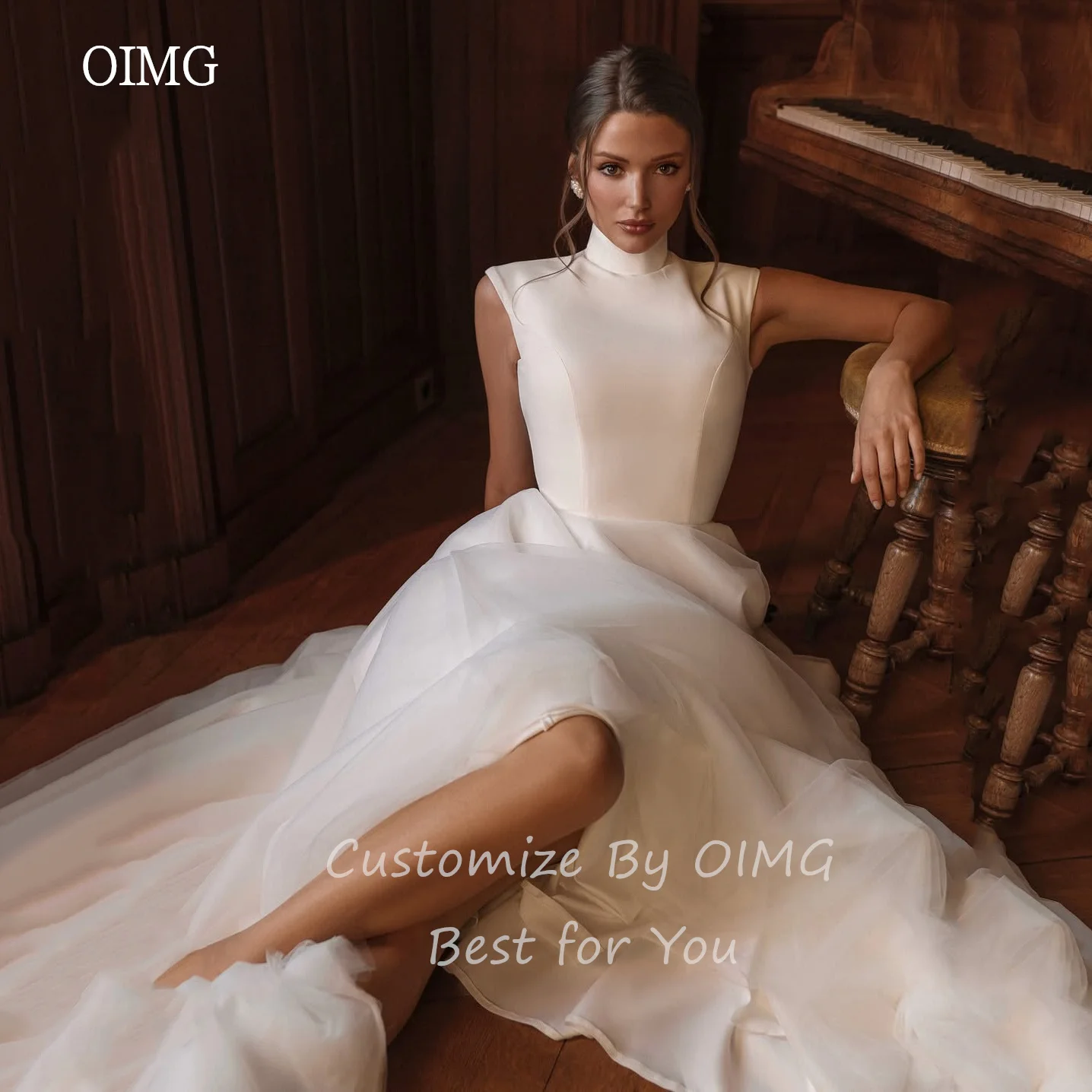 

OIMG High Neck Ivory A-line Wedding Dress Sleeveless Bride Dresses Floor Length Long Tail Wedding Gowns 2025 Customized