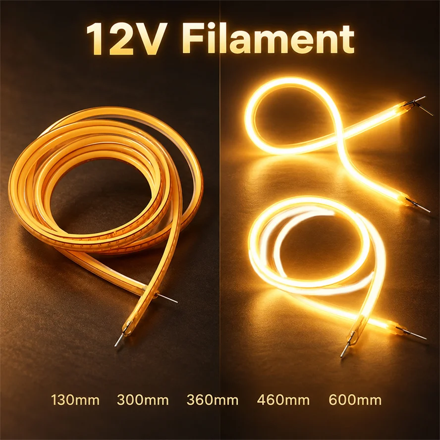 DIY 12V LED Flexible Ultra Slim Filament Spiral Bulb 2200K 130mm-600mm Retro Edison Bulb Parts Light Strip Lighting Decoration