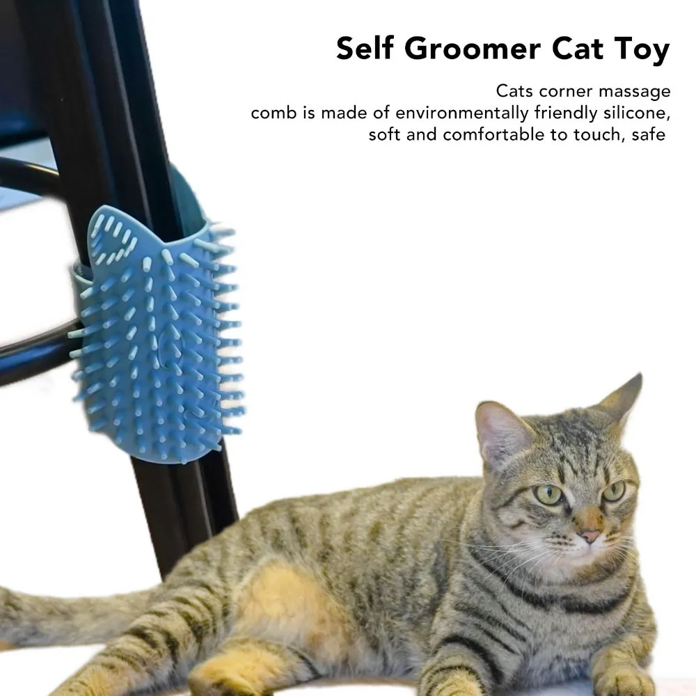 Soft Silicone Bristle Cat Self Groomer Adjustable Strap Mount Blue Outer Shell Pet Massage Comb Built-in Storage