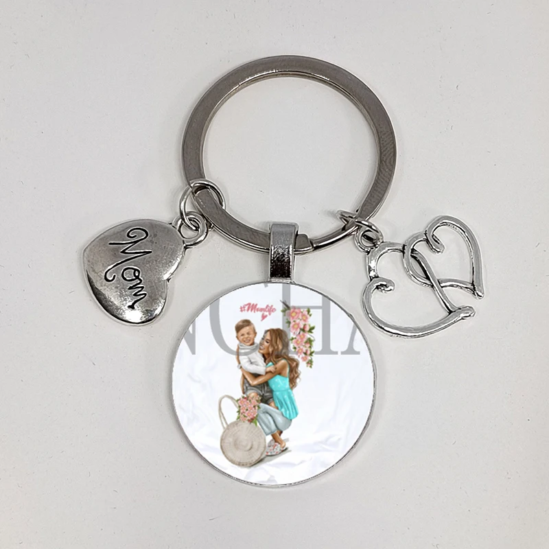 Happy Family Super Dad Mom Boy Girl Mother\'s Day Gift Keychain Men\'s and Women\'s Fun Glass Cabochon Keychain Parent-Child Gift